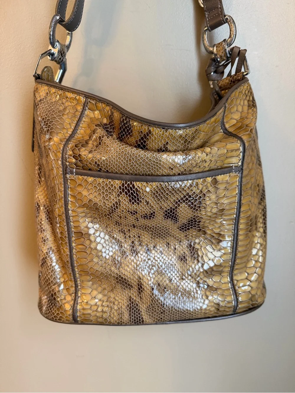 Y2K Brighton Snake Print Gold Patent Leather Shoulder Bag Bohemian Festival